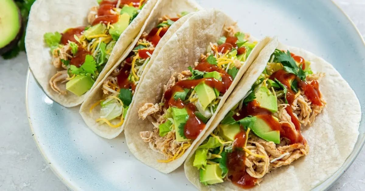 Super Bowl Air Fryer Snacks Close Up of Air Fryer Chicken Tacos on a Plate