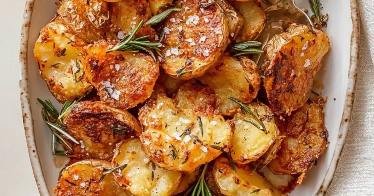 Air Fryer Side Dishes for Chicken Recipes Close Up of Air Fryer Smashed Potatoes on a Platter