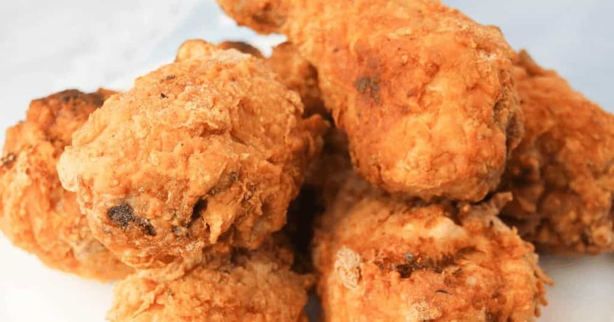 Air Fryer Restaurant Recipes Close Up of KFC Fried Chicken from an Air Fryer