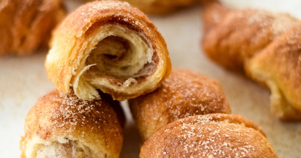 Air Fryer Croissants Close Up of Air Fryer Cinnamon Sugar Crescent Rolls