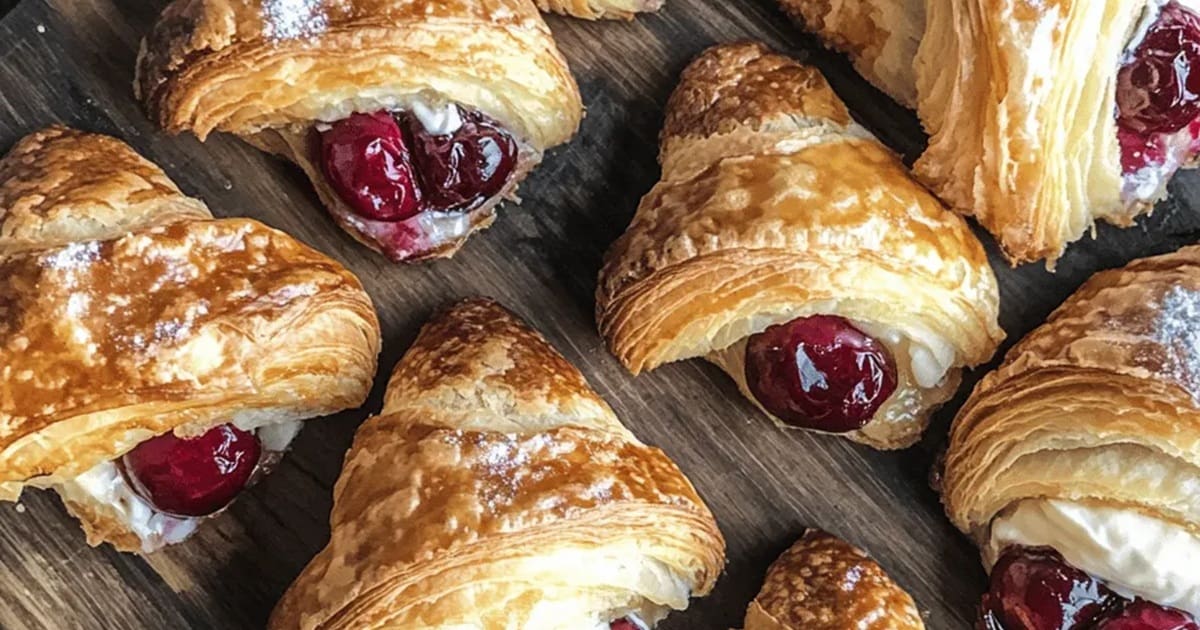 Air Fryer Croissants Close Up of a Serving Tray Filled with Air Fryer Cherry Cream Cheese Croissants
