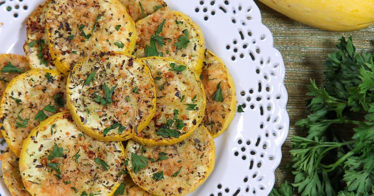 Summer Squash Air Fryer Recipes Close Up of Fried Yellow Squash Slices on a Plate