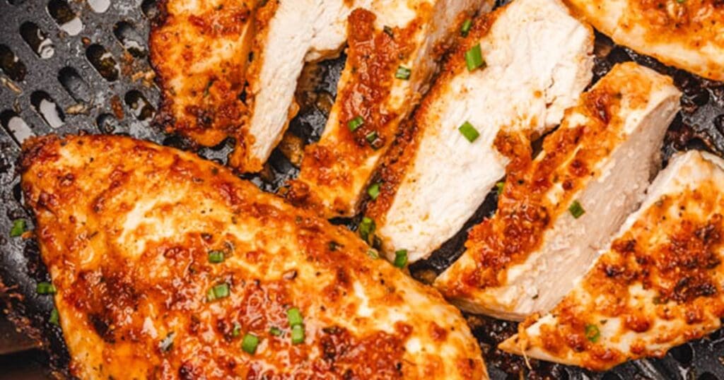 Air Fryer Parmesan Crusted Chicken Breast Recipes Close Up of Air Fryer Garlic Parmesan Chicken in an Air Fryer Basket