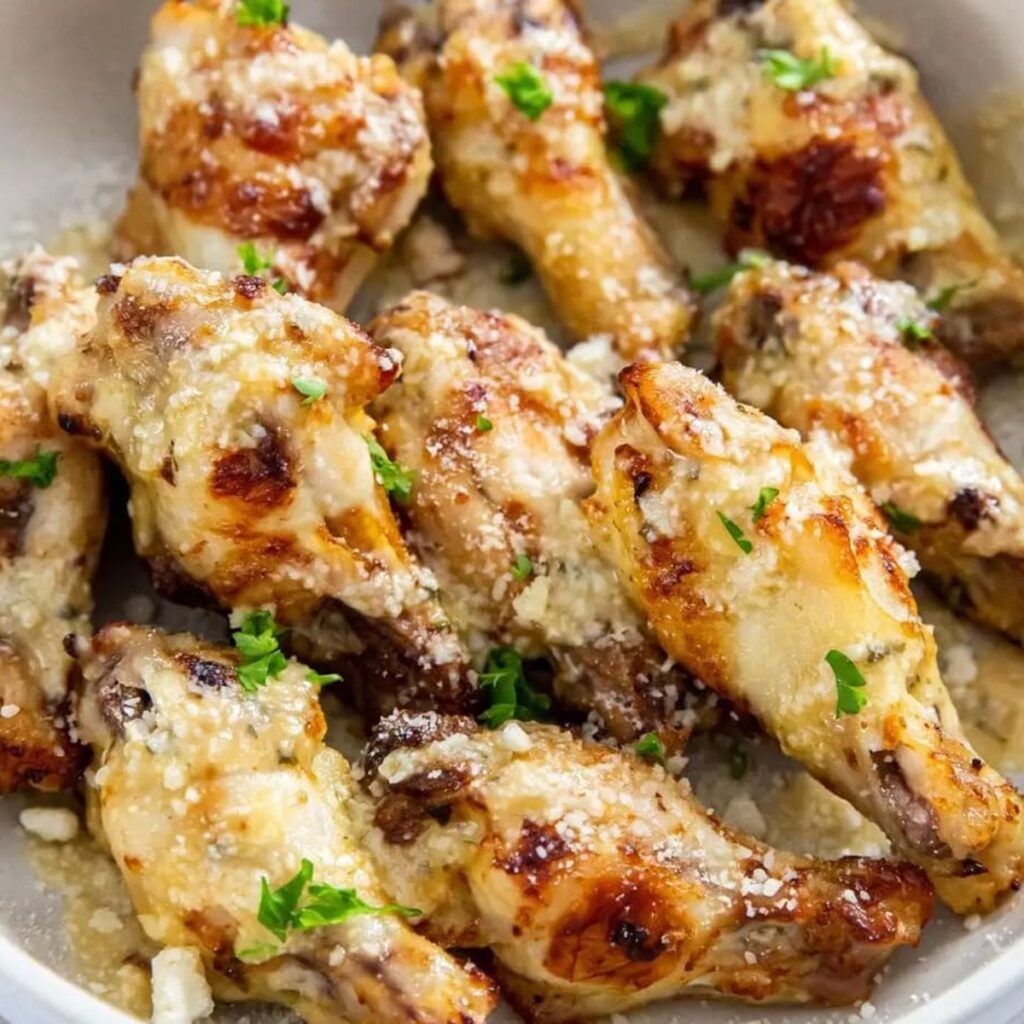 Air Fryer Chicken Recipes That Top Grandma’s Classics Close Up of Chicken Wings in a Bowl Garnished with Parsley and Parmesan Cheese