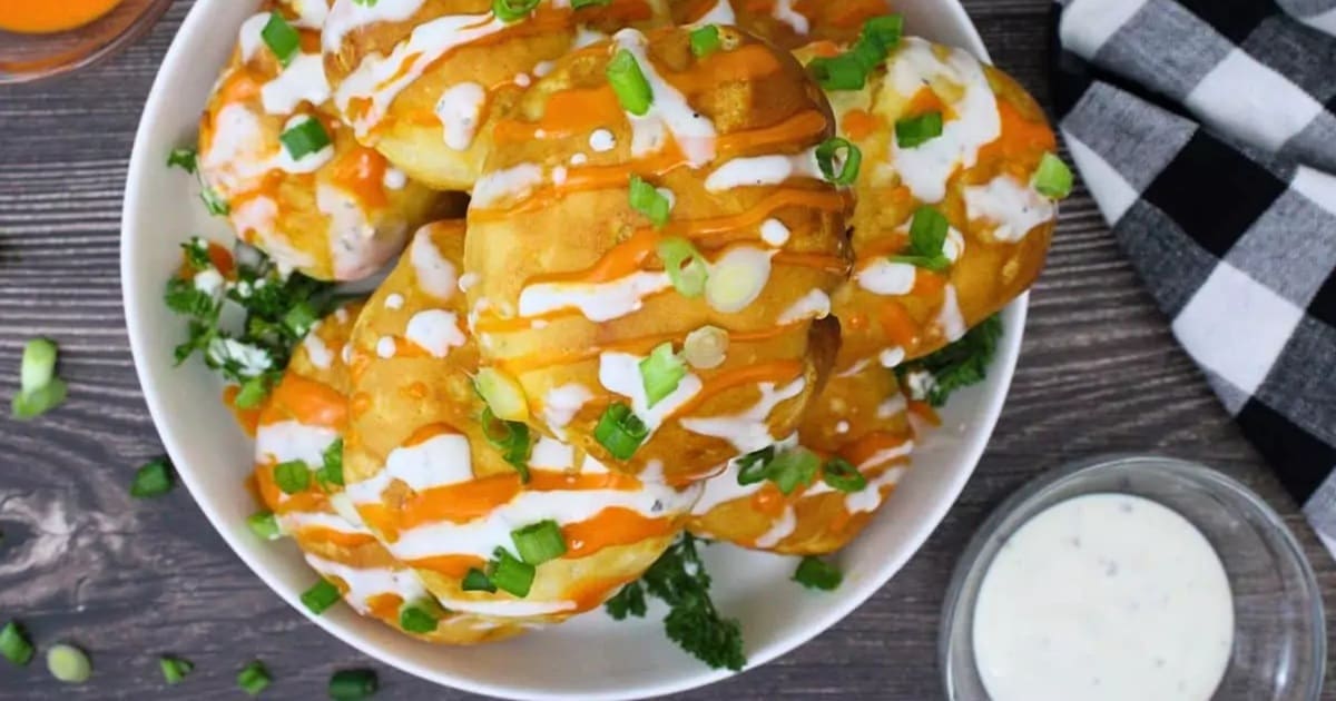 Quick Super Bowl Air Fryer Recipes Close Up of a Stack of Air Fryer Buffalo Chicken Bombs