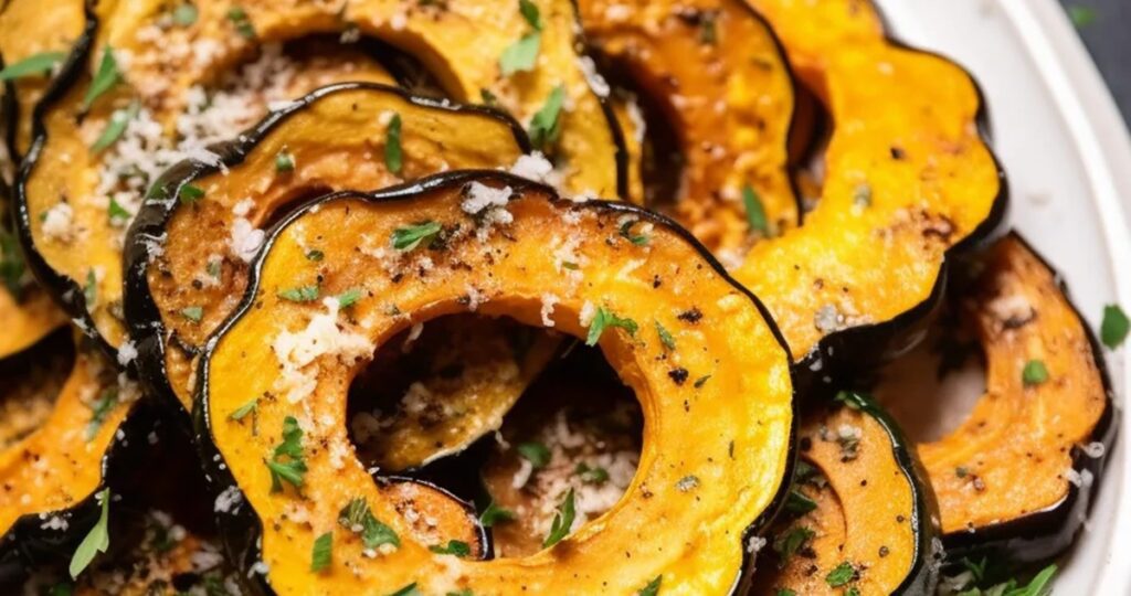 Acorn Squash Air Fryer Recipes Close Up of a Serving Tray Filled with Savory Air Fryer Acorn Squash Rings with Sage