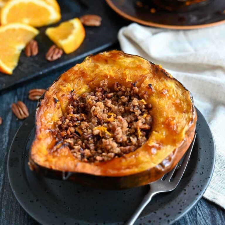 Acorn Squash Air Fryer Recipes Close Up of Stuffed Acorn Squash on a Plate