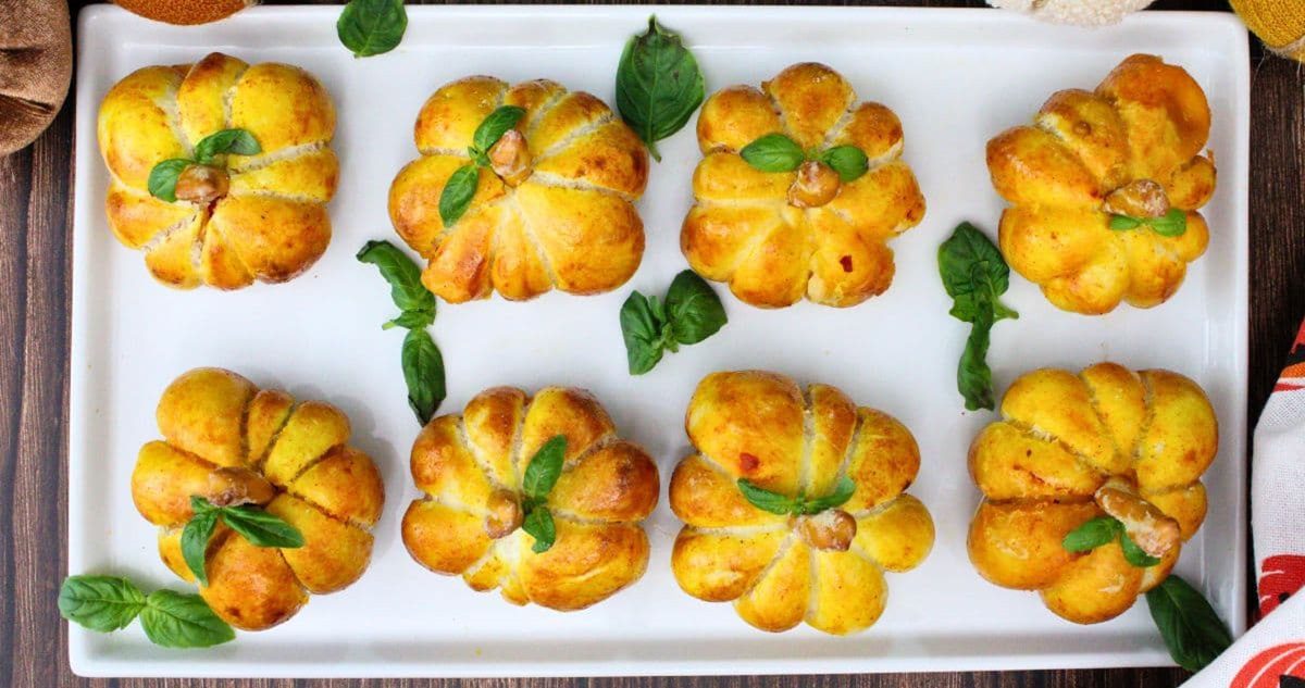 Air Fryer Halloween Recipes a Baking Tray Filled with Pizza Pumpkins