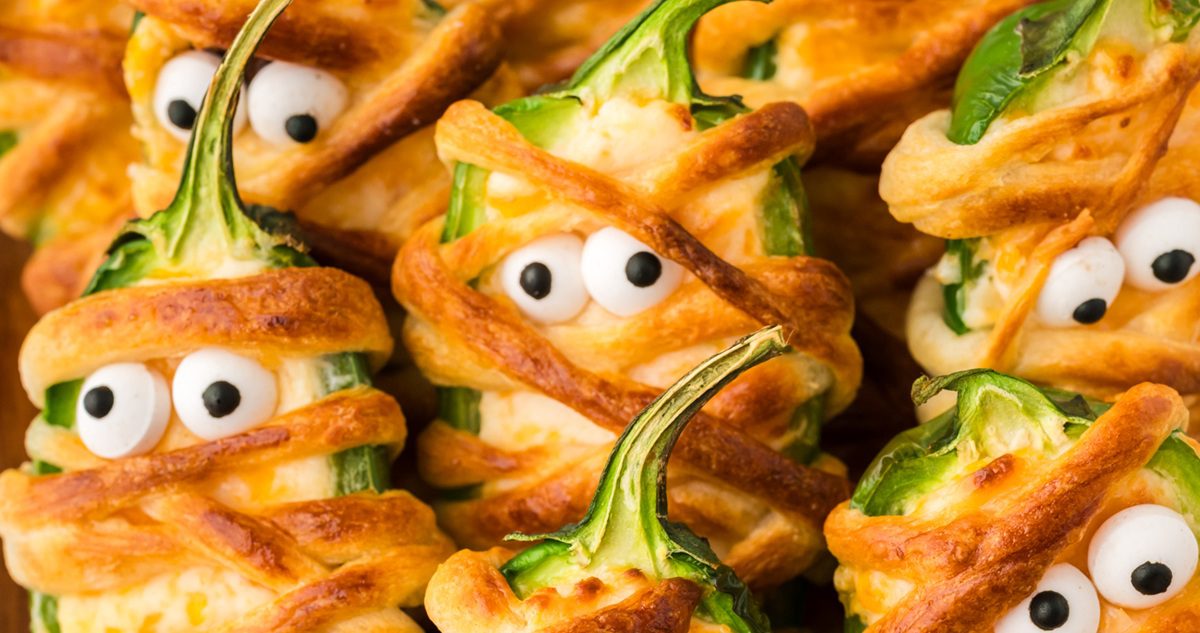 Air Fryer Halloween Recipes Close Up of Air Fryer Jalapeno Popper Mummies