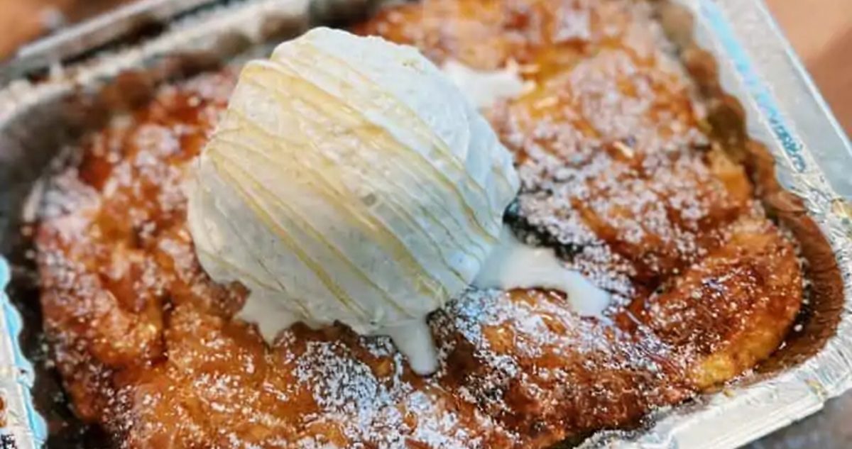 Air Fryer Thanksgiving Recipes Close Up of Air Fryer Bread Pudding with Ice Cream On Top
