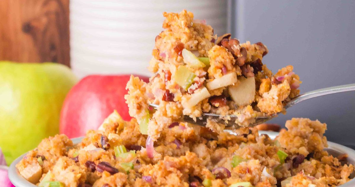 Air Fryer Thanksgiving Recipes Air Fryer Apple Pecan Stuffing in a Serving Dish