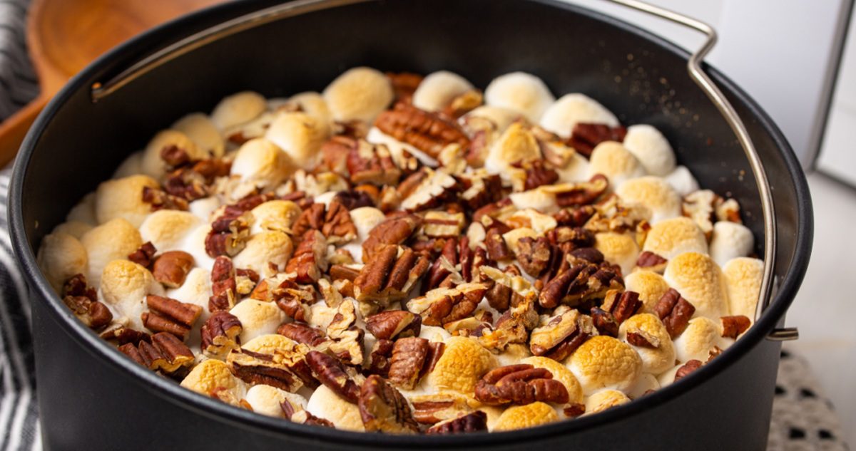 Air Fryer Thanksgiving Recipes Close Up of Sweet Potato Casserole in the Air Fryer