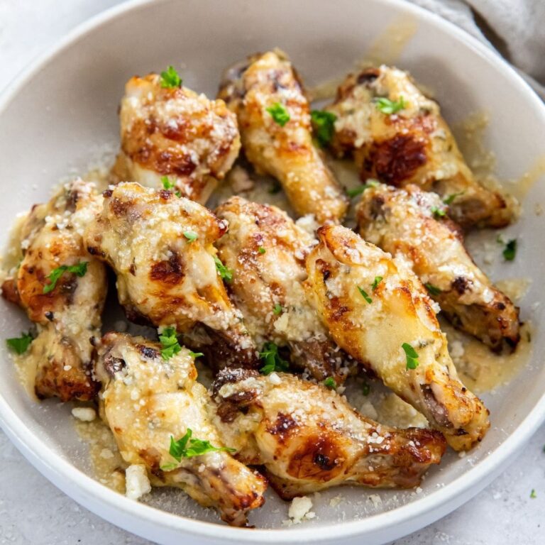 Easy Air Fryer Lunch Ideas Close Up of a Bowl Filled with Garlic Parmesan Chicken Wings