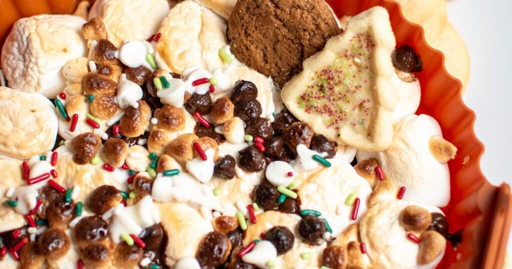 Air Fryer Christmas Party Recipes Close Up of Air Fryer S’mores Dip in a Red Bowl