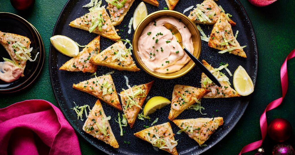 Air Fryer Christmas Party Recipes Air Fryer Prawn Cocktail Toast Bites on a Serving Plate