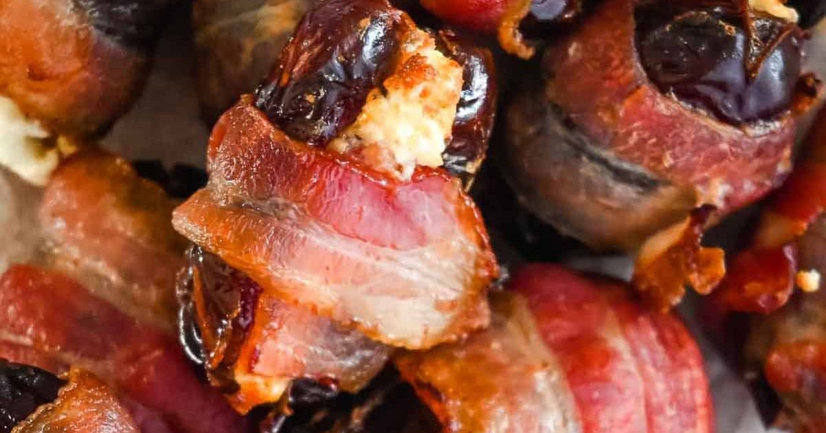 New Year's Eve Snacks Close Up of Air Fryer Bacon-Wrapped Dates with Goat Cheese