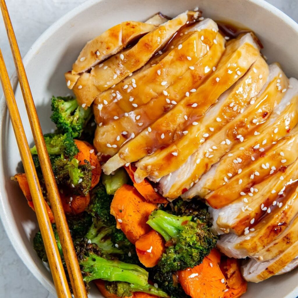 Chicken Air Fryer Recipes Close Up of Sliced Teriyaki Chicken on Rice with Veggies in a Bowl