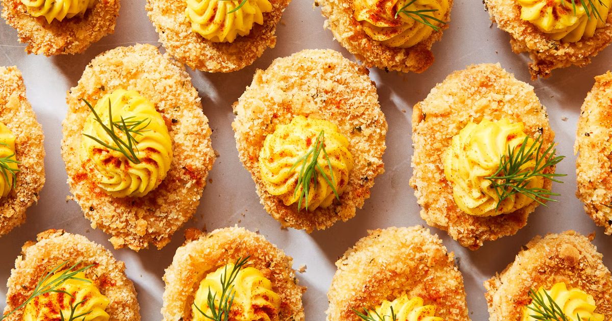 Air Fryer Easter Brunch Recipes Close Up of Air Fryer Deviled Eggs in Rows