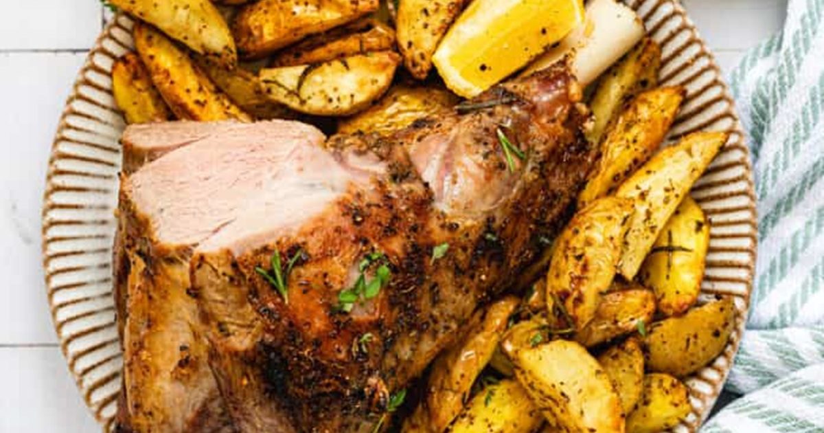 Air Fryer Easter Dinner Recipes Air Fryer Roast Lamb with Potatoes on a Serving Platter