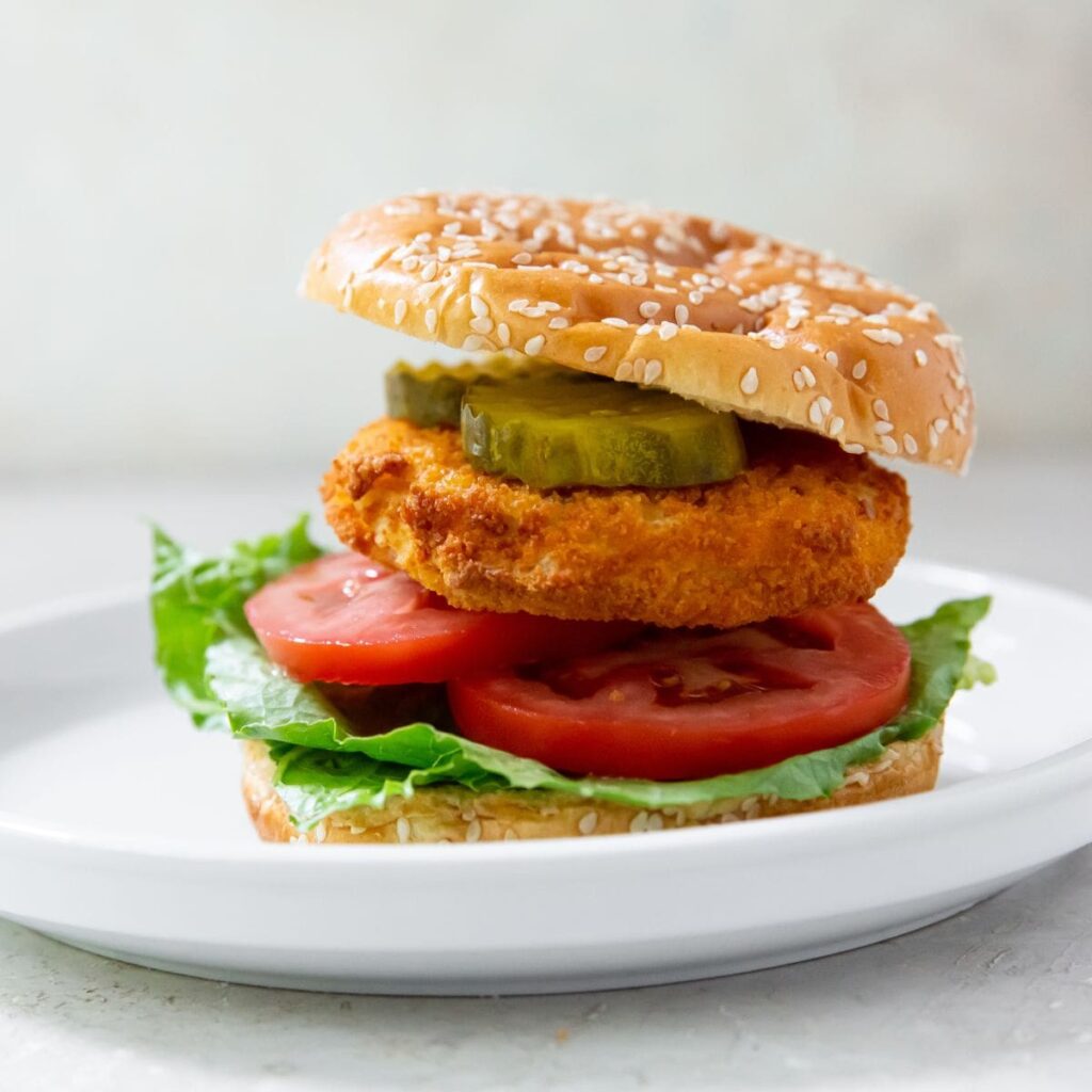 Air Fryer Chicken Patty a Chicken Sandwich on White Plate