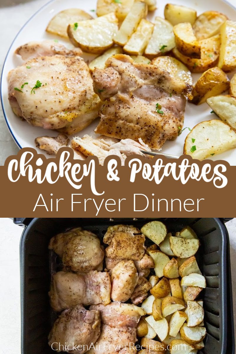 Our air fryer chicken thighs and potatoes recipe gives you an easy dinner recipe with a side built in to the busy weeknight meal for the whole family.