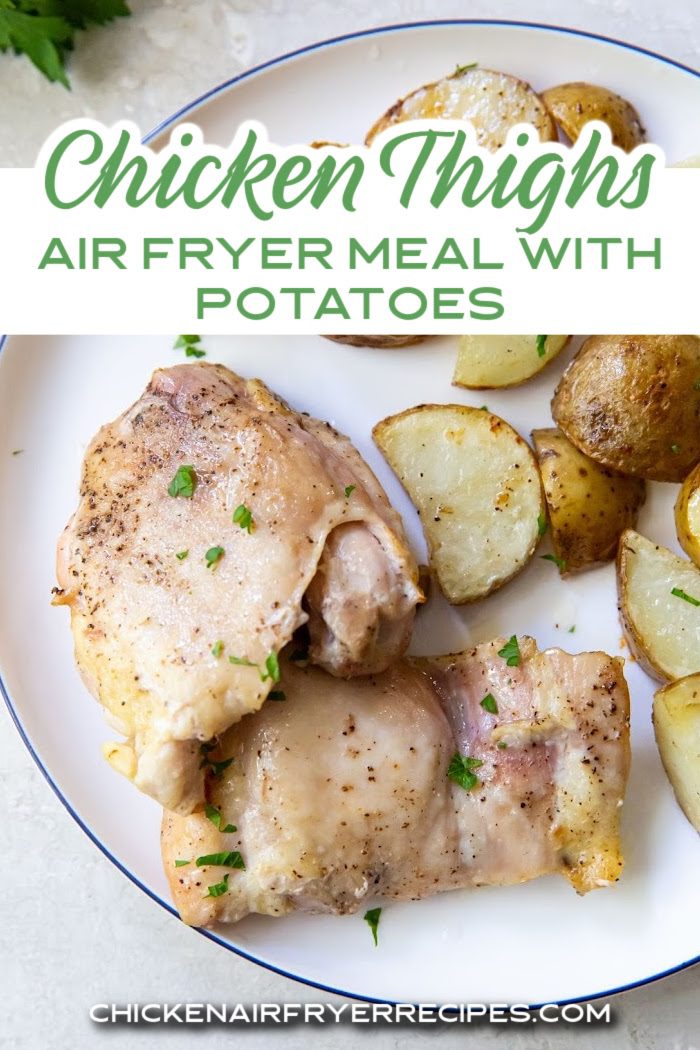 Our air fryer chicken thighs and potatoes recipe gives you an easy dinner recipe with a side built in to the busy weeknight meal for the whole family.