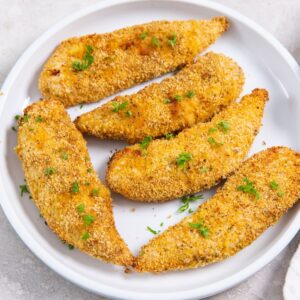 Air Fryer Shake N Bake Chicken Tenders on a White Plate