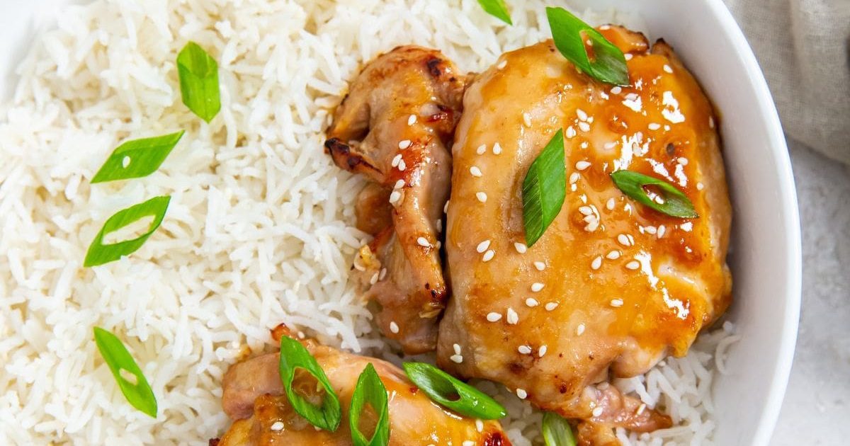 Dinner Ideas for Two Easy Air Fryer Teriyaki Chicken Thighs on Rice in a Bowl