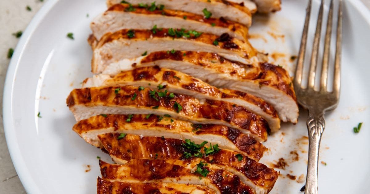 Foolproof Chicken Air Fryer Recipes Close Up of Sliced Air Fryer Sweet Baby Rays BBQ Chicken Breast