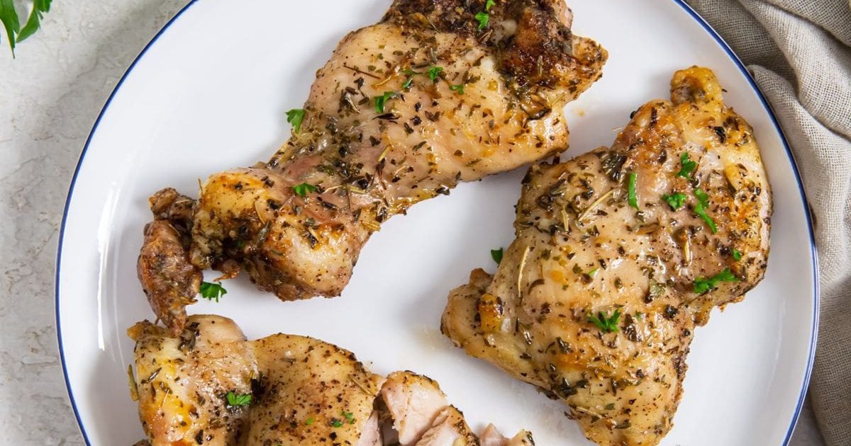 Foolproof Chicken Air Fryer Recipes Easy Air Fryer Boneless Skinless Chicken Thighs on a White Plate