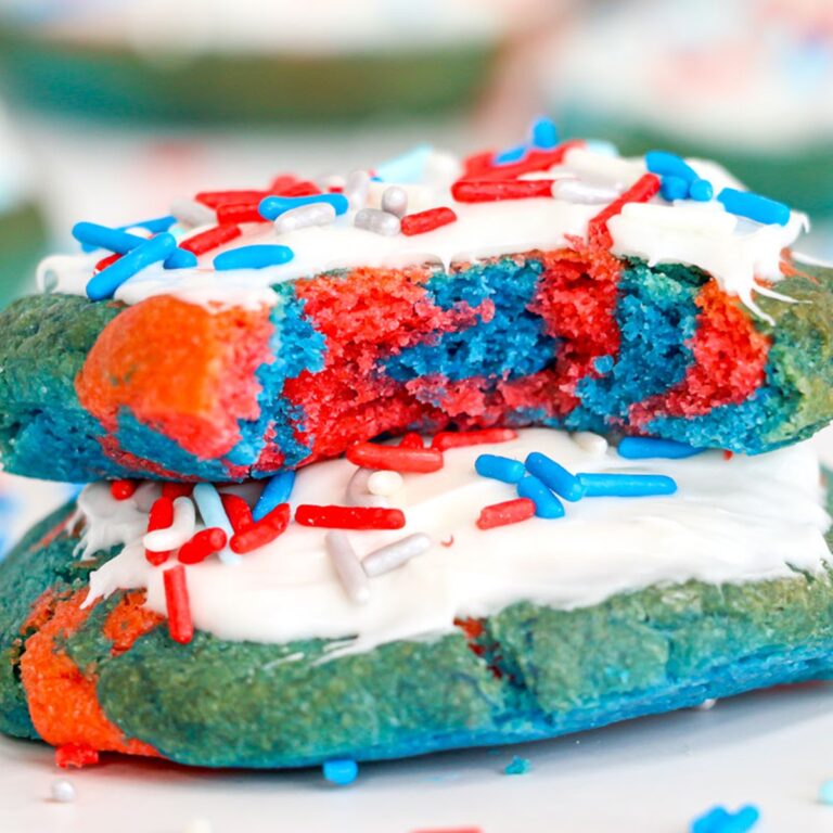 Patriotic Memorial Day Air Fryer Recipes Close Up of a Red, White and Blue Cookie with Frosting and Sprinkles