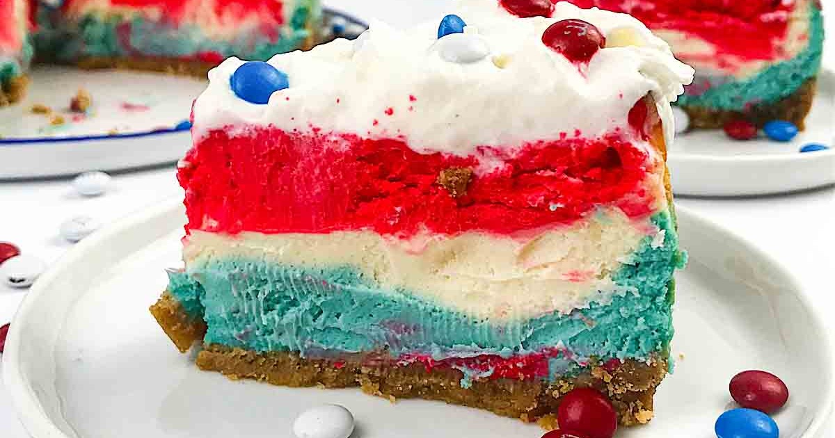Patriotic Memorial Day Air Fryer Recipes Close Up of a Slice of Air Fryer Red, White, and Blue Cheesecake