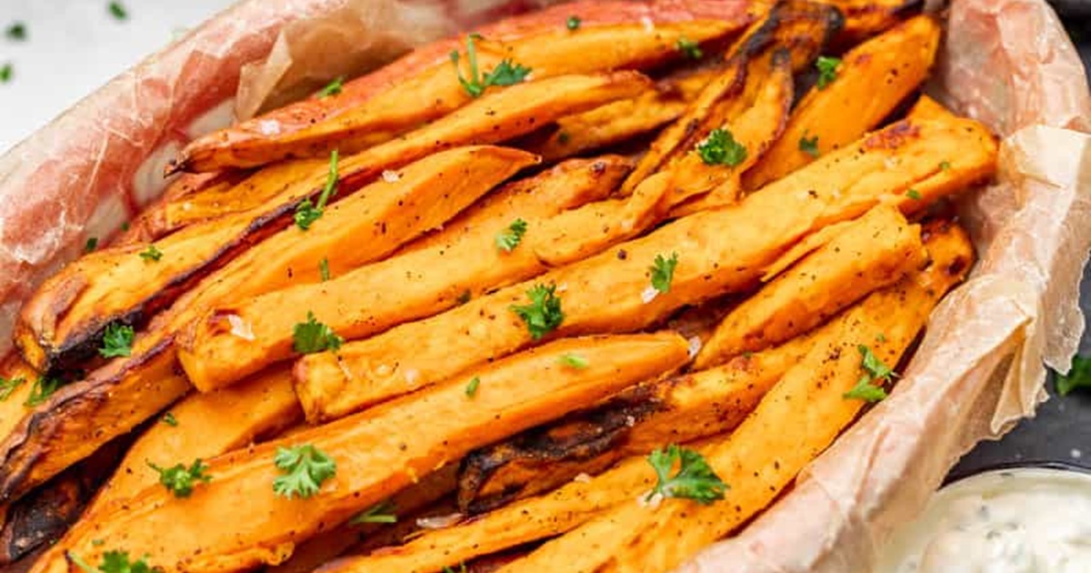 Patriotic Memorial Day Air Fryer Recipes Close Up of Air Fryer Sweet Potato Fries