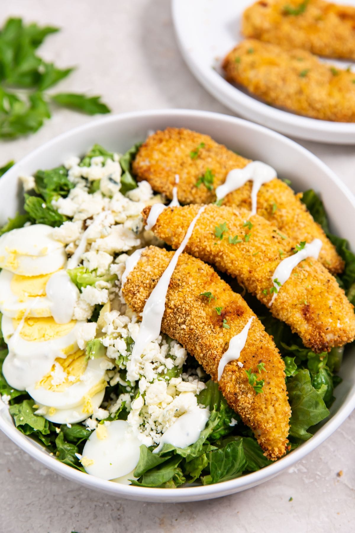 Air Fryer Shake N Bake Chicken Tenders bowl with salad and chicken. chicken in the background