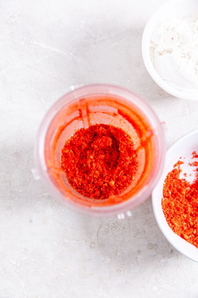 Air Fryer Flamin' Hot Cheetos Chicken Tenders Cheetos blended up in a blender