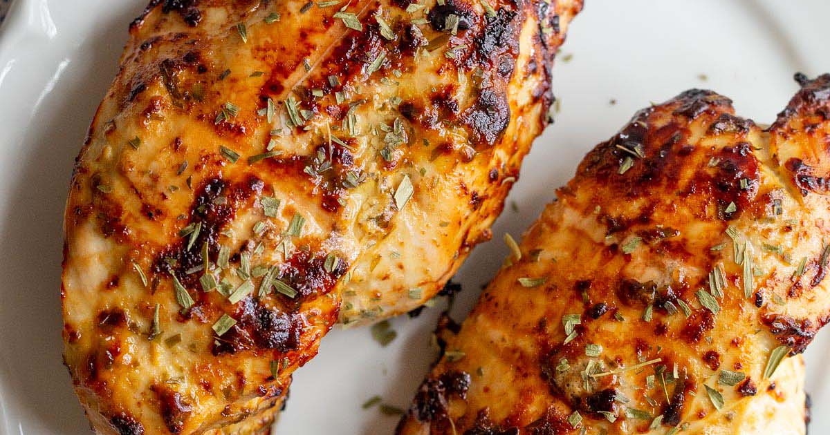 Air Fryer Chicken Marinades Air Fryer Honey Dijon Chicken Breasts on a White Plate