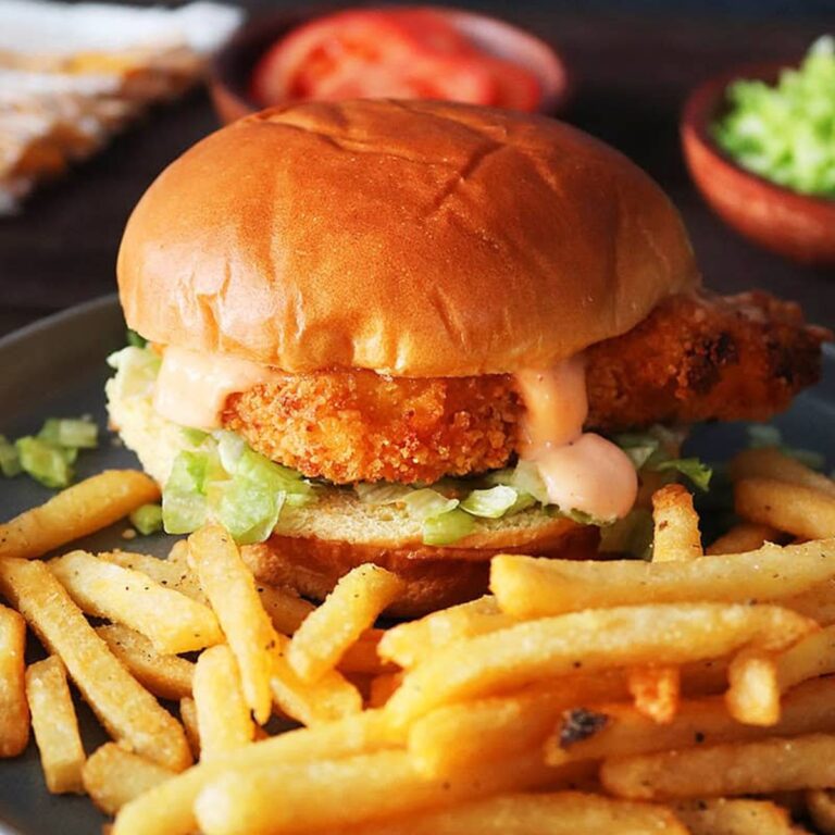 Air Fryer Chicken Sandwich Recipes Close Up of Chicken Sandwich with Fries on a Plate
