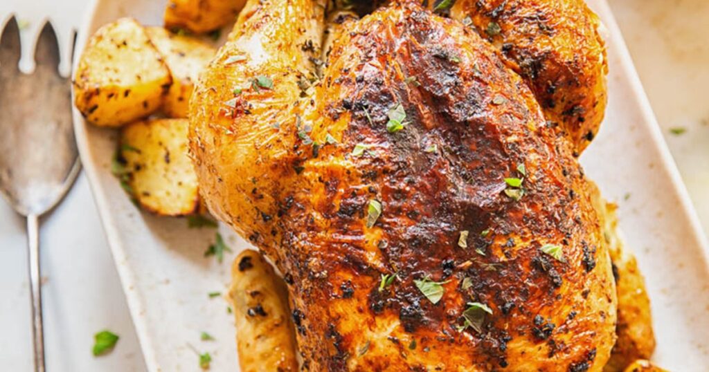 Air Fryer Whole Chicken Recipes Air Fryer Greek Whole Chicken on a White Platter with Potatoes