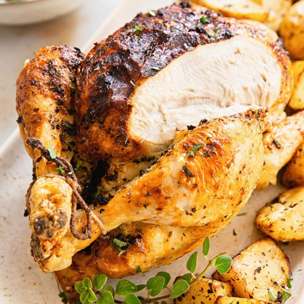 Air Fryer Whole Chicken Recipes Air Fryer Greek Whole Chicken on a Serving Platter with Potatoes