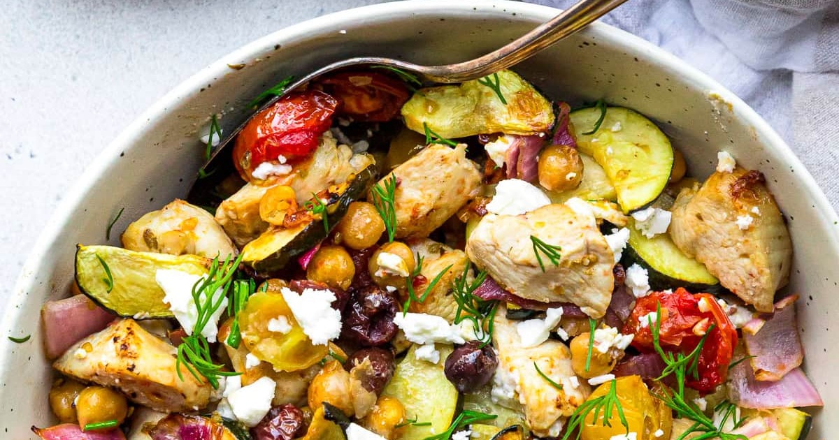 One-Pan Air Fryer Chicken and Veggie Recipes Air Fryer Greek Chicken in a Bowl with a Spoon
