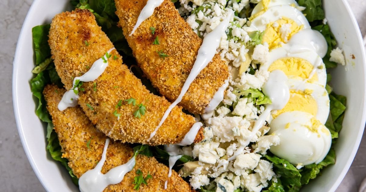 Air Fryer Chicken Salad Recipes Easy Air Fryer Shake N Bake Chicken Tenders on a Bowl of Salad with Hardboiled Eggs
