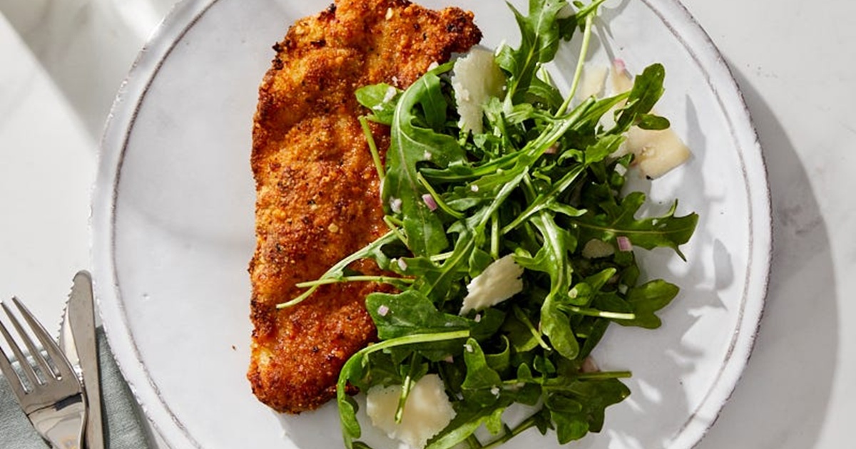 Weight Watchers Air Fryer Chicken Recipes Air-Fried Chicken Milanese on a White Plate with a Salad