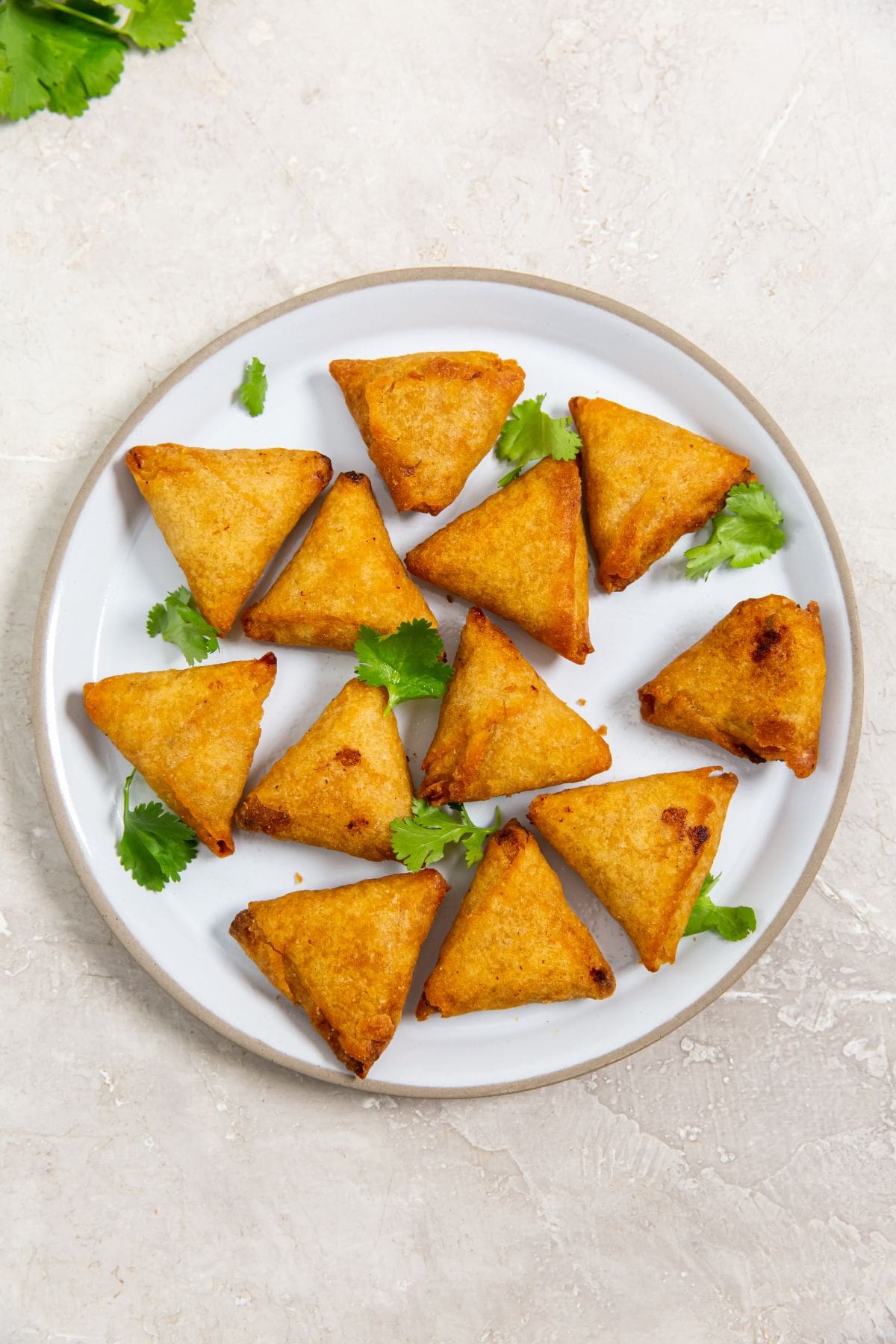 Air Fryer Mini Chicken Tikka Samosas chicken tikka samosas served on a white plate.