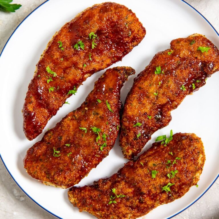 Easy Air Fryer Honey BBQ Chicken Tenders a Plate of Honey BBQ Chicken Tenders