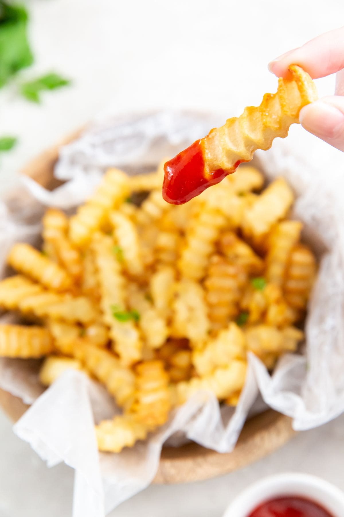 Air Fryer Crinkle Cut French Fries French Fries with ketchup.