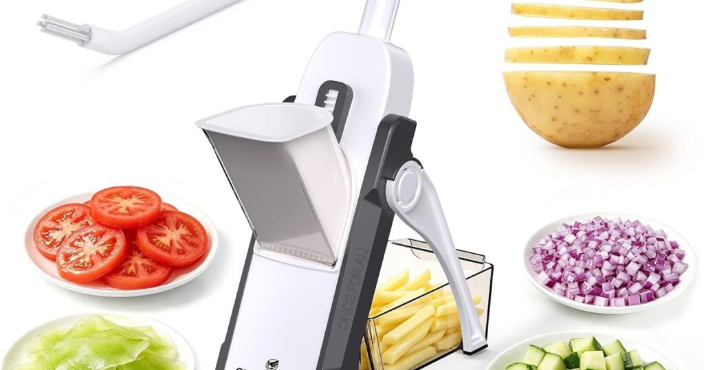 Must-Have Air Fryer Accessories a Mandolin Slicer with Sliced Veggies in Small Glass Ramekins
