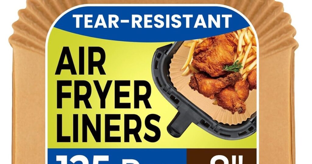 Must-Have Air Fryer Accessories Parchment Paper Squares with a Sticker That Says "Air Fryer Liners"